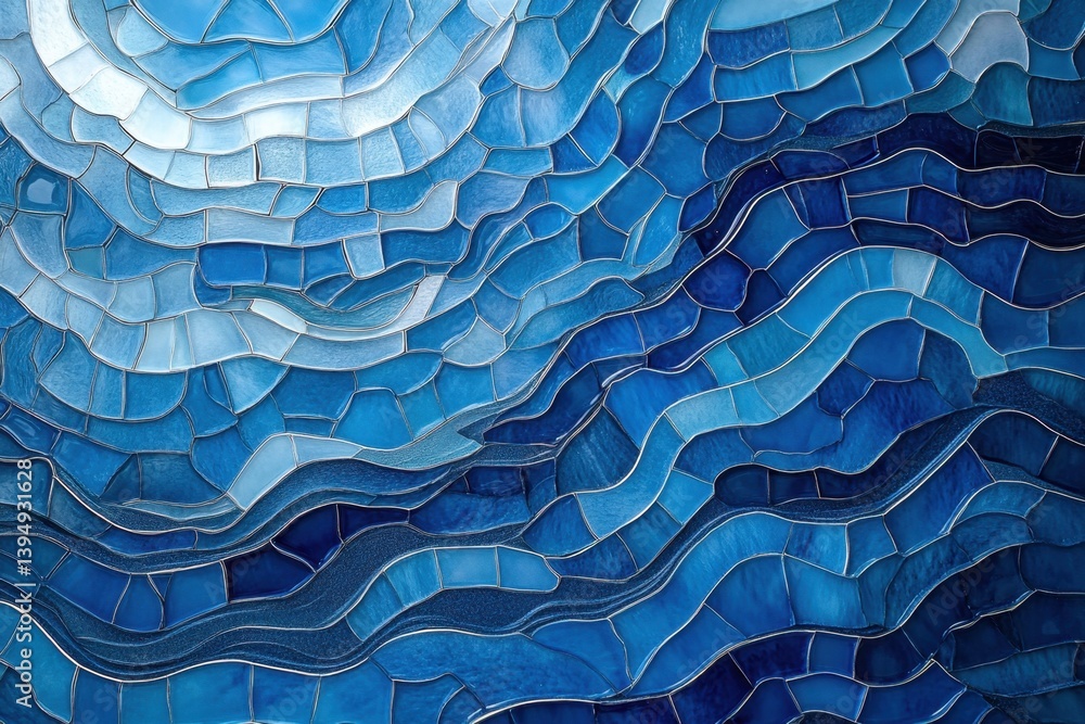 Abstract stained glass mosaic depicting deep blue waves. Intricate, layered patterns of varied shades of blue, creating a sense of depth and movement. Geometric shapes form textured Abstract stained glass mosaic depicting deep blue waves. Intricate, layered patterns of varied shades of blue, creating a sense of depth and movement. Geometric shapes form textured