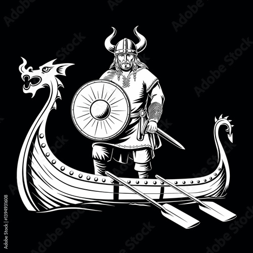 Design in Old Norse style. Viking warrior with sword and shield, Drakkar ship with warriors, isolated on black, vector illustration