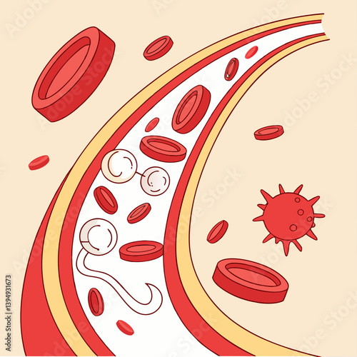 Blood cells flowing through arteries in a vibrant, dynamic way