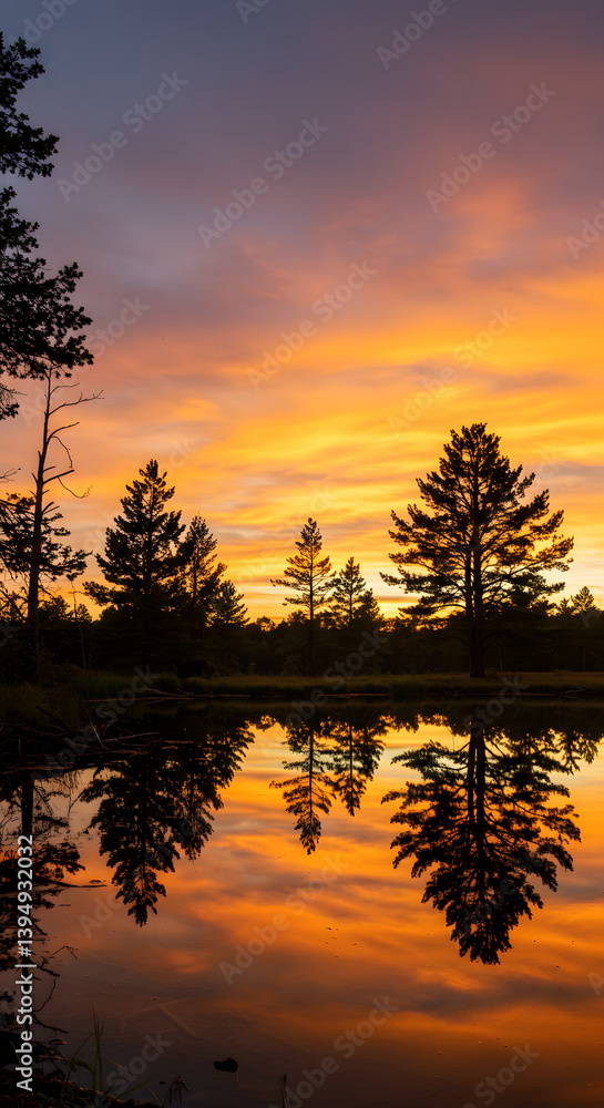 Naklejka premium Trees Silhouetted Against Colorful Sunset Sky Reflected in Lake