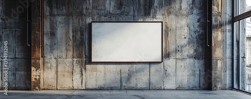 Industrial wall mockup with a metal frame against textured concrete walls