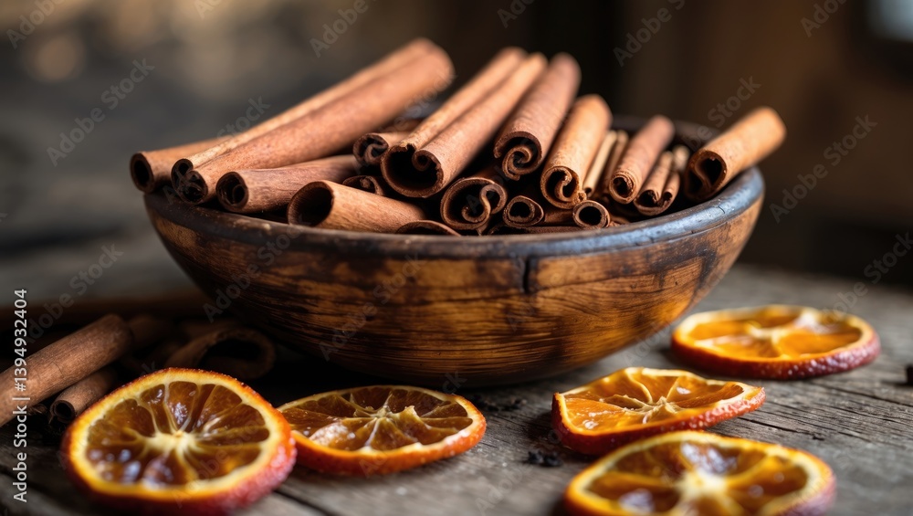 Wooden bowl containing slices of orange, anise, and cinnamon sticks