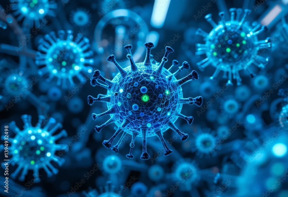Obraz premium Advanced biotech visualization of viruses and bacteria in electric-blue and bio-green glow with soft lab background Generative AI