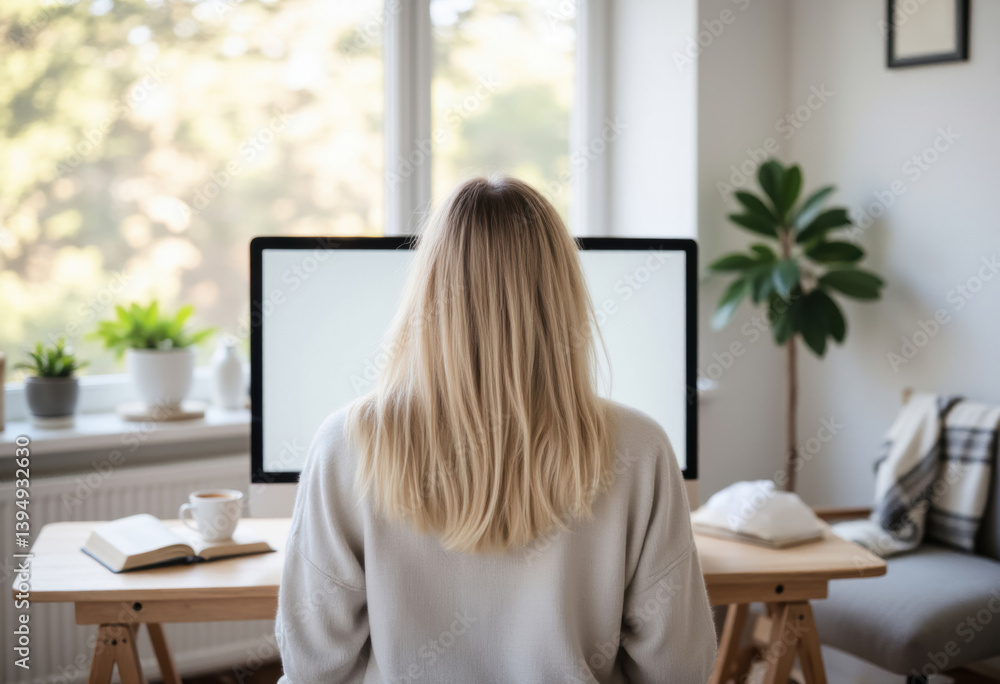 young female freelancer sitting at table at home in front of monitor, monitor mockup, rear view young female freelancer sitting at table at home in front of monitor, monitor mockup, rear view