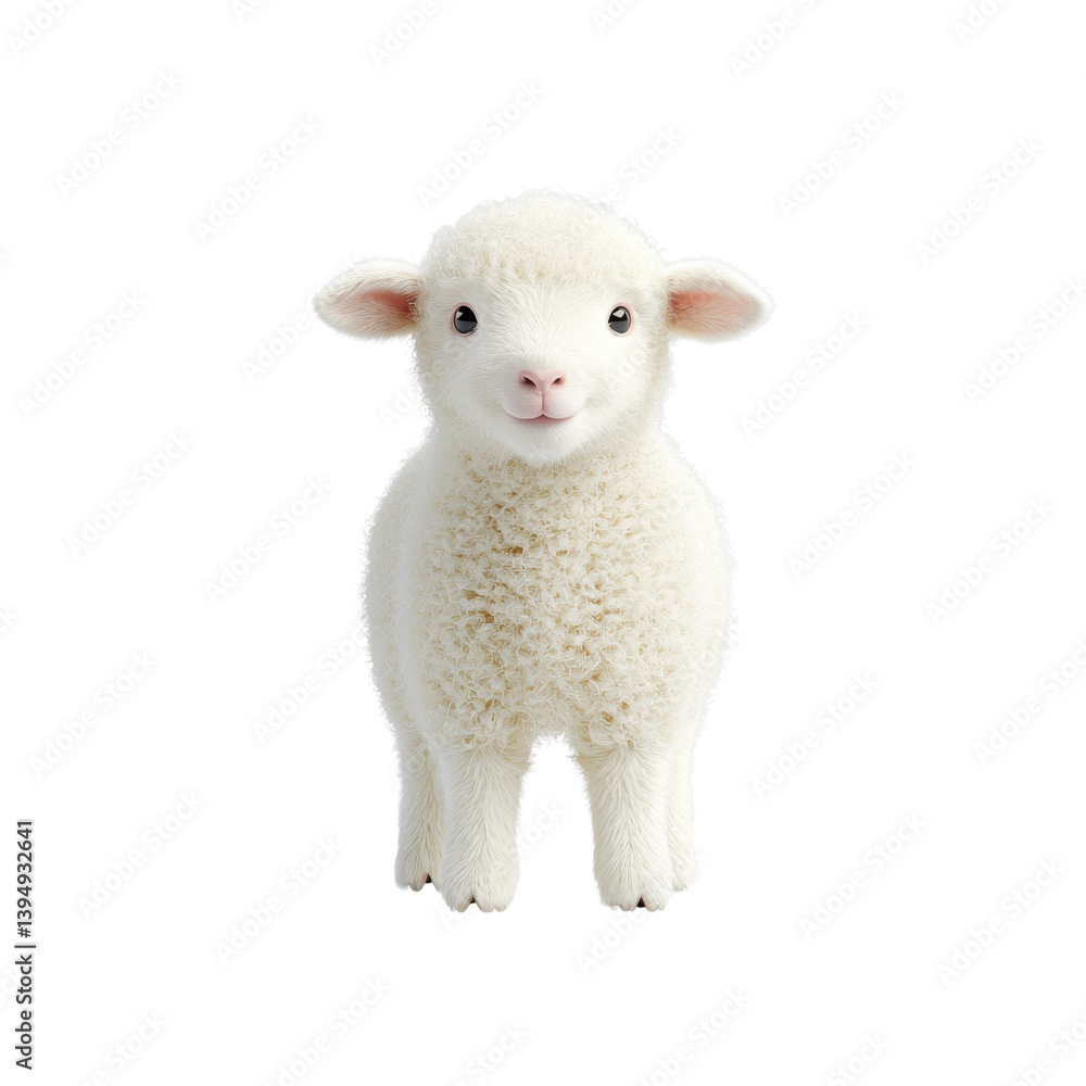 Fototapeta premium Adorable fluffy white lamb standing in a lush green field exuding a sense of innocence and tranquility