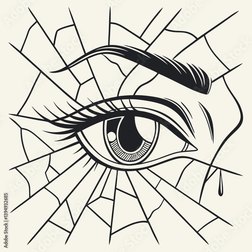 Eye with shattered glass effect, showing cracked fragments