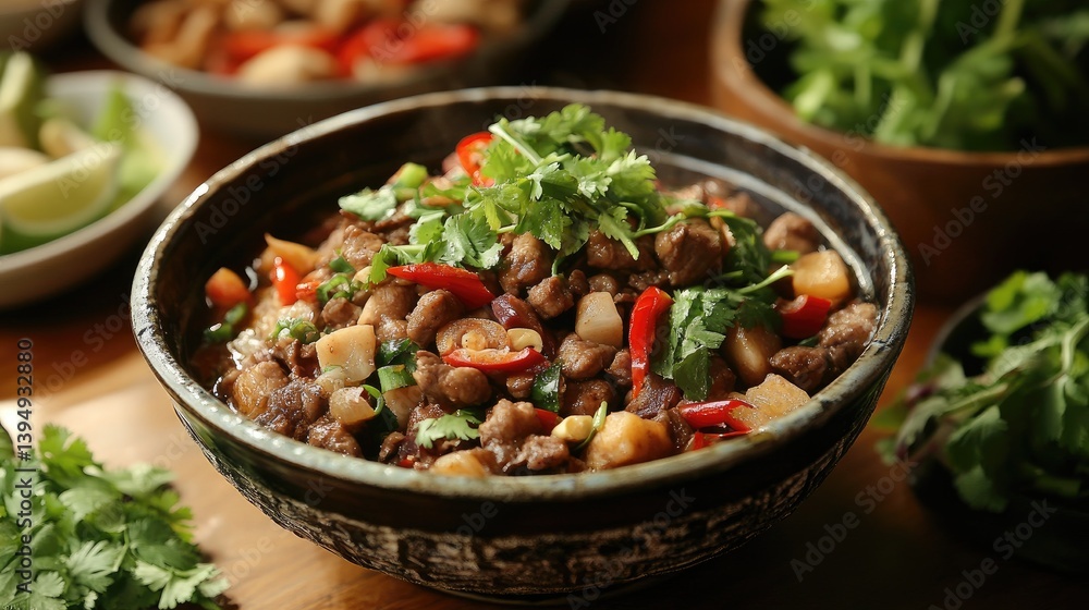An artistic image of being served in a traditional Thai ceramic bowl, with a garnish of fresh herbs and a few side dishes arranged on a wooden table. An artistic image of being served in a traditional Thai ceramic bowl, with a garnish of fresh herbs and a few side dishes arranged on a wooden table.