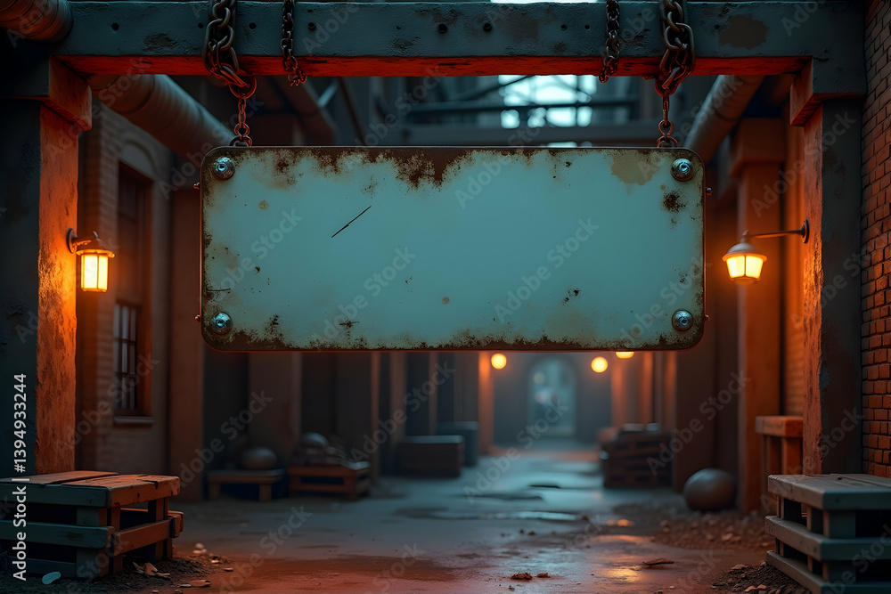 custom made wallpaper toronto digitalBlank Weathered Sign Mockup Hanging in a Retrofuturistic Alleyway with Dim Lighting and a Grunge Aesthetic Creates an Atmospheric Scene with Urban Decay