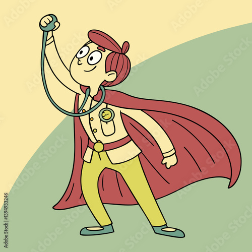Cartoon doctor in superhero pose with a stethoscope