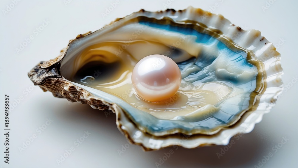 Isolated white background with an open oyster containing a pearl Isolated white background with an open oyster containing a pearl