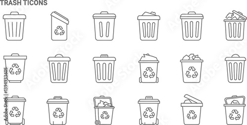 set of black and white vector icons, trash can icon set, trash icons vectors, dustbin vectors,