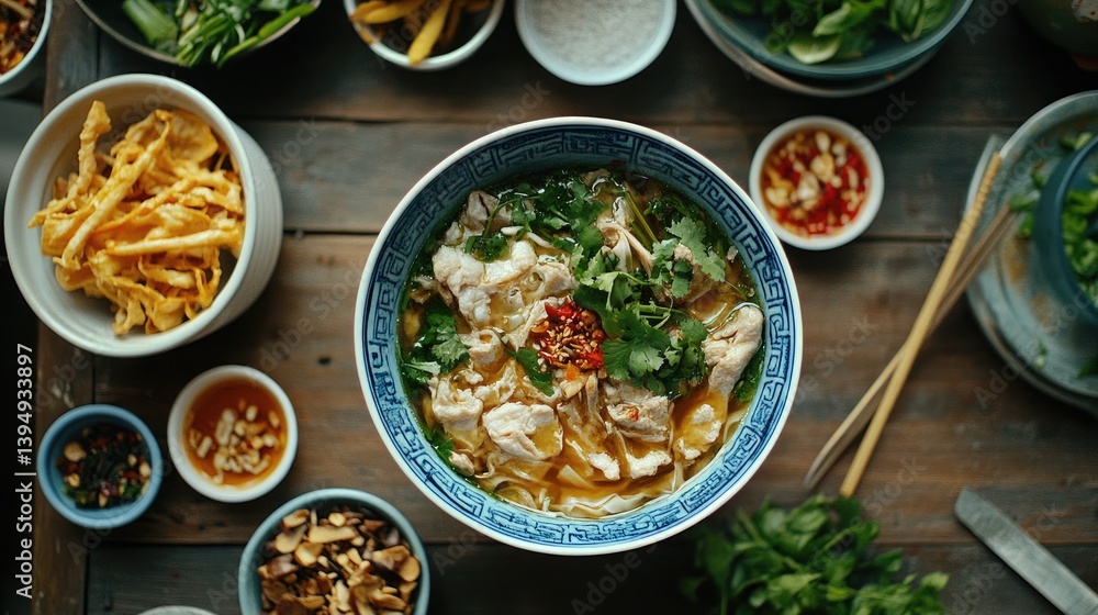 An overhead shot of a bowl of hot on a dining table, surrounded by traditional Thai side dishes and condiments, creating a vibrant and inviting meal spread. An overhead shot of a bowl of hot on a dining table, surrounded by traditional Thai side dishes and condiments, creating a vibrant and inviting meal spread.