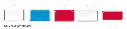 Red and blue shop door signs hanging isolated . Empty or blank sign for store, restaurant or cafe. Vector illustration