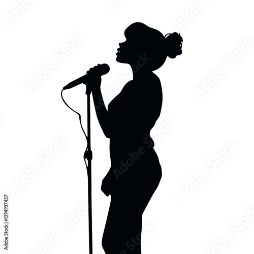 音楽デザイン、女性歌手アート、パフォーマンスのためのマイクで歌う女性のシルエットベクター
