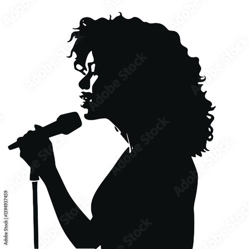 音楽デザイン、女性歌手アート、パフォーマンスのためのマイクで歌う女性のシルエットベクター