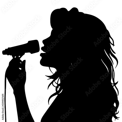 音楽デザイン、女性歌手アート、パフォーマンスのためのマイクで歌う女性のシルエットベクター