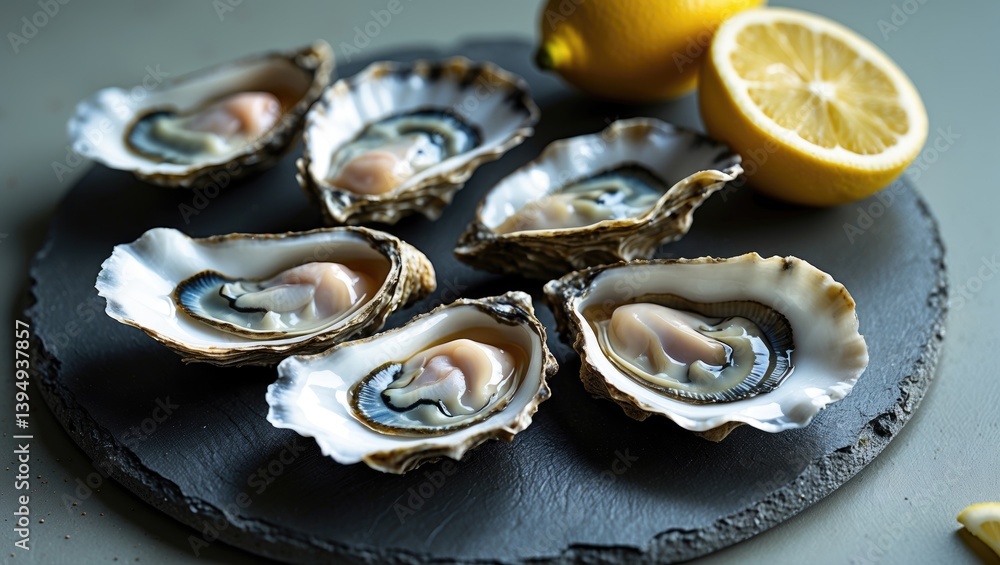 Lemon accompanied by opened oysters on a slate stone plate Lemon accompanied by opened oysters on a slate stone plate
