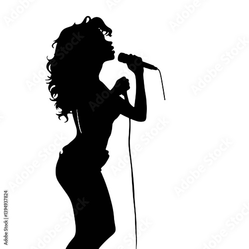 音楽デザイン、女性歌手アート、パフォーマンスのためのマイクで歌う女性のシルエットベクター