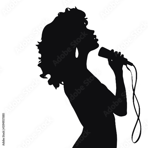 音楽デザイン、女性歌手アート、パフォーマンスのためのマイクで歌う女性のシルエットベクター