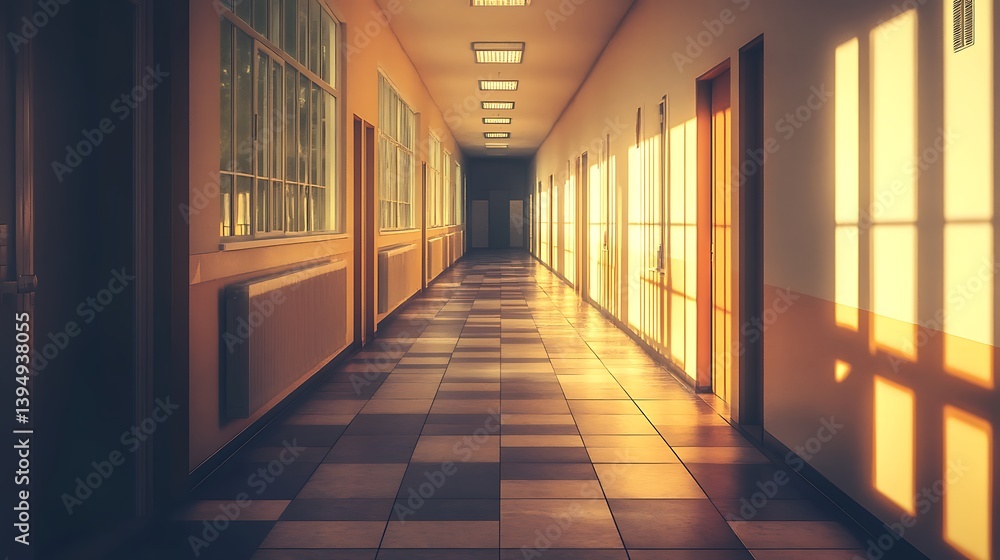 Sunlit School Corridor: A Serene and Peaceful Atmosphere Sunlit School Corridor: A Serene and Peaceful Atmosphere