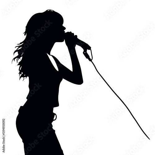 音楽デザイン、女性歌手アート、パフォーマンスのためのマイクで歌う女性のシルエットベクター