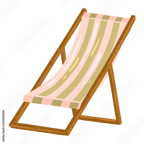 Striped Beach Lounger with Wooden Armrests. Summer Relaxation. Vector.