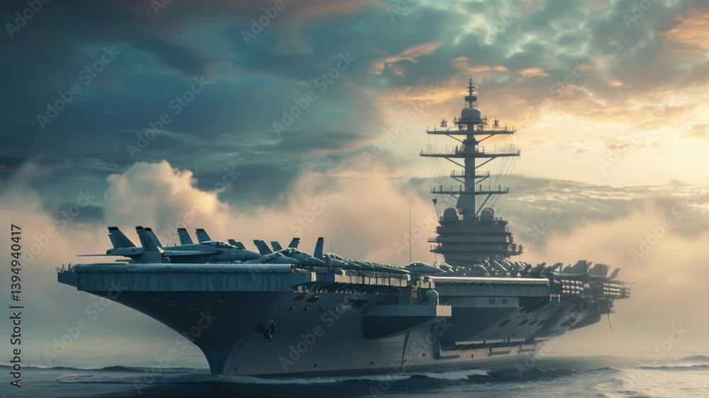 Aircraft carrier at sea with sunset background, suitable for documentaries about military equipment, news stories and historical projects.
Aircraft carrier at sea with sunset background, suitable for documentaries about military equipment, news stories and historical projects.