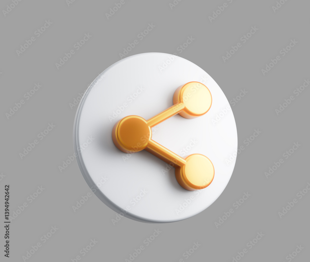 3D White circular icon with a golden share symbol, representing content sharing. 3D Illustration. 3D White circular icon with a golden share symbol, representing content sharing. 3D Illustration.