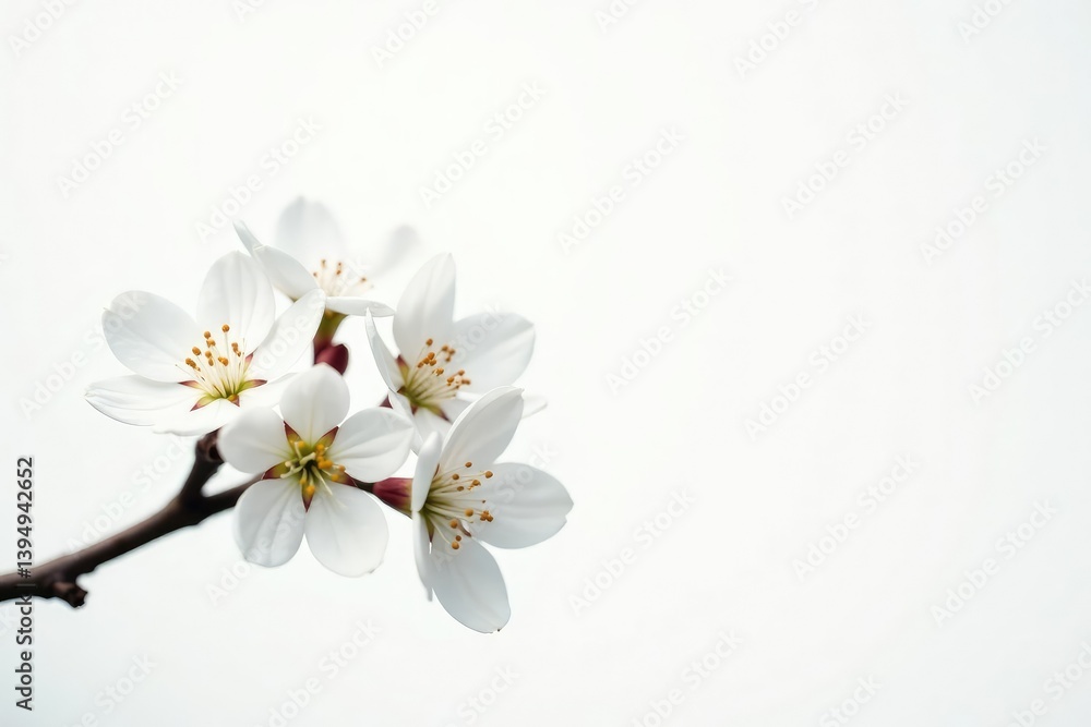 Obraz premium Delicate white blossoms on a branch against pure white background , element, pure, peaceful
