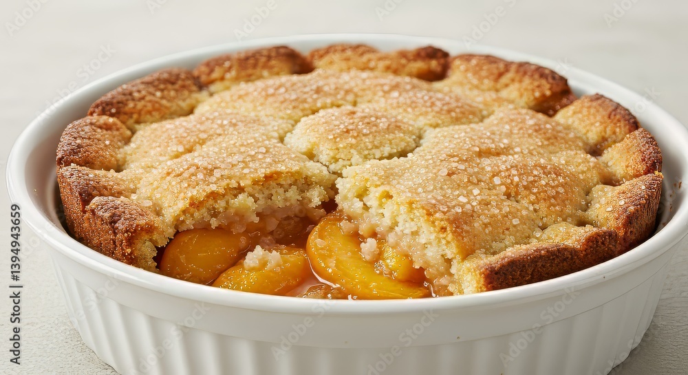 Peach cobbler with a golden crust served in a baking dish
Peach cobbler with a golden crust served in a baking dish