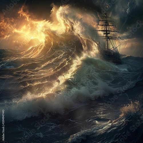 A Powerful Steampunk Ship Braving the Harsh Ocean Currents in Rain