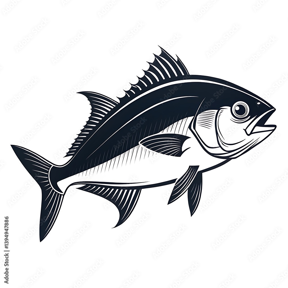 Striking monochrome illustration of a powerful fish swimming dynamically against a stark white background Detailed scales and fins showcase its Striking monochrome illustration of a powerful fish swimming dynamically against a stark white background Detailed scales and fins showcase its