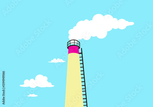 Illustration of a tall chimney emits a cloud of smoke against a bright blue sky with fluffy clouds.