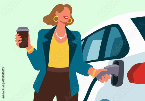 Illustration of a stylish woman fueling her electric car with a coffee in hand on a sunny day.