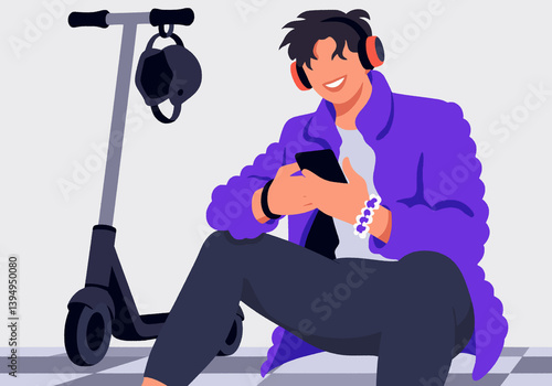 Illustration of a young man in purple jacket with headphones using phone seated near an electric scooter.