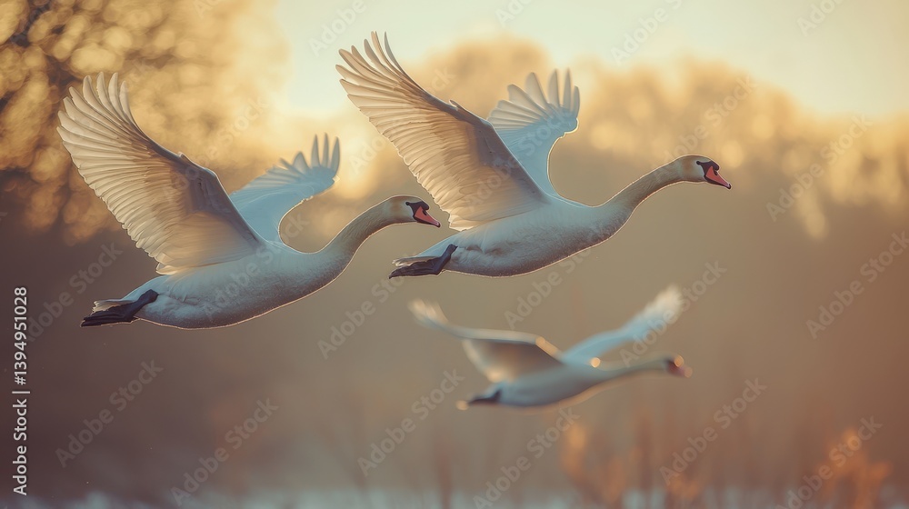 Obraz premium swans soaring majestically across an English countryside sky, cinematic aerial photography capturing natural beauty and graceful flight dynamics with dramatic lighting and open landscapes.