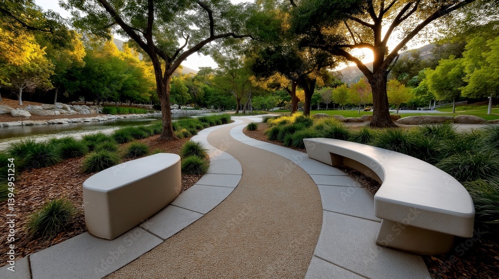 Fototapeta premium Winding pathway along a tranquil riverbank with lush greenery and warm sunset glow Generative AI