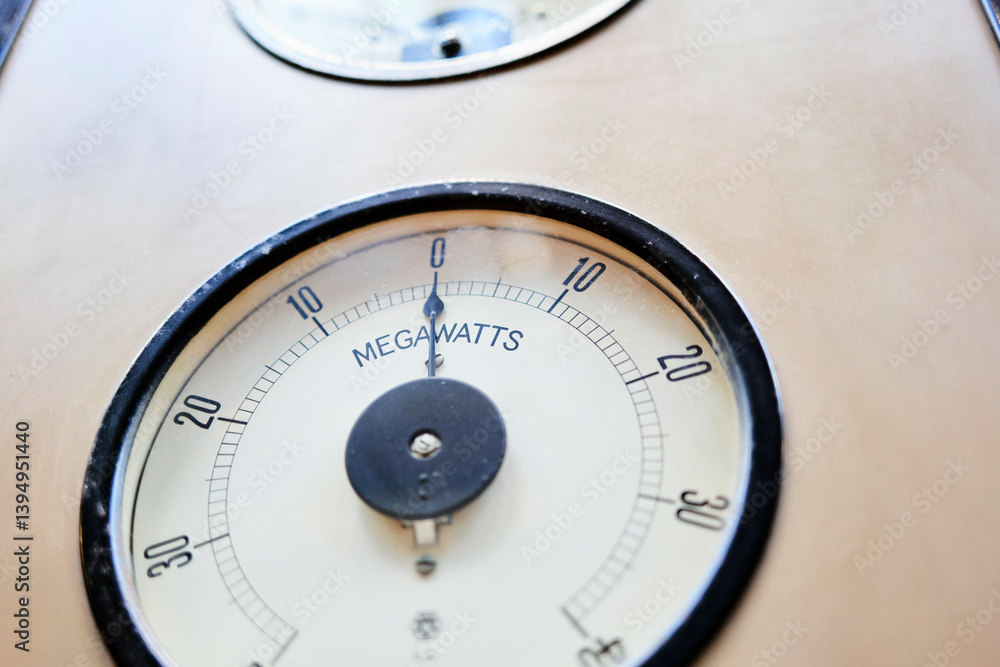 Close-up of an analog megawatt meter with a circular dial and black markings. Close-up of an analog megawatt meter with a circular dial and black markings.