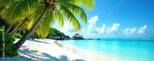 Palm trees sway over pristine white sand beach, turquoise water sparkles , vacation, Hawaii