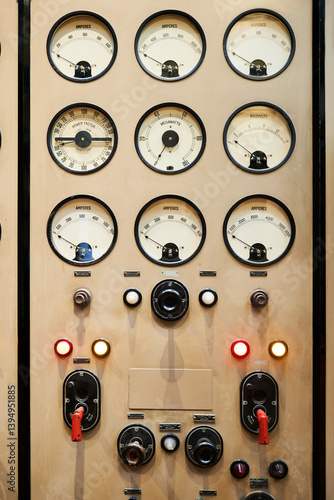 Vintage control panel with dials, gauges, switches, and warning lights in sepia tones.