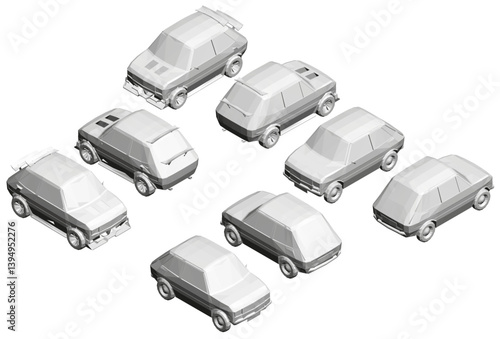 A row of cars are shown in a grid, with the first car being a small hatchback and the last car being a large sedan. Isometric view