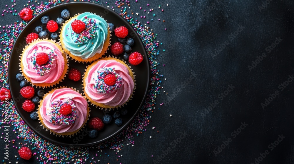 Fototapeta premium Delicious Cupcakes with Colorful Frosting and Berries on a Dark Plate with Sprinkles for a Sweet Celebration