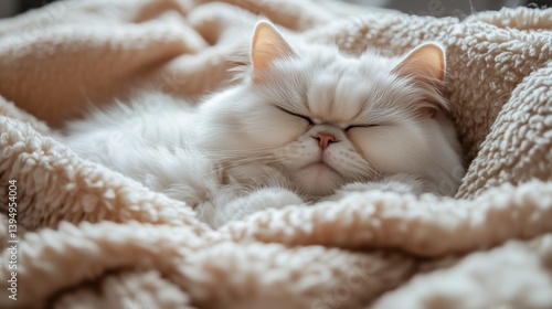Adorable white Persian cat sleeping peacefully in a soft fluffy blanket. Perfect for comfort and relaxation themes.