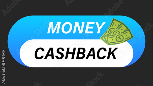 White blue button cashback with paper money isolated on black background.
