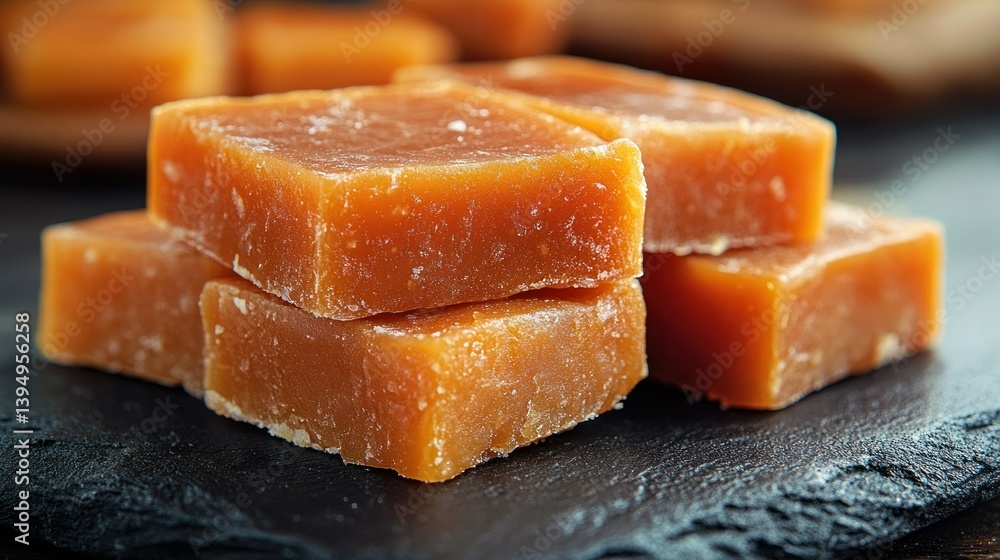 Golden caramel squares stacked on a slate plate Golden caramel squares stacked on a slate plate