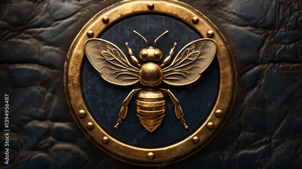 Naklejka premium Golden bee emblem on dark background