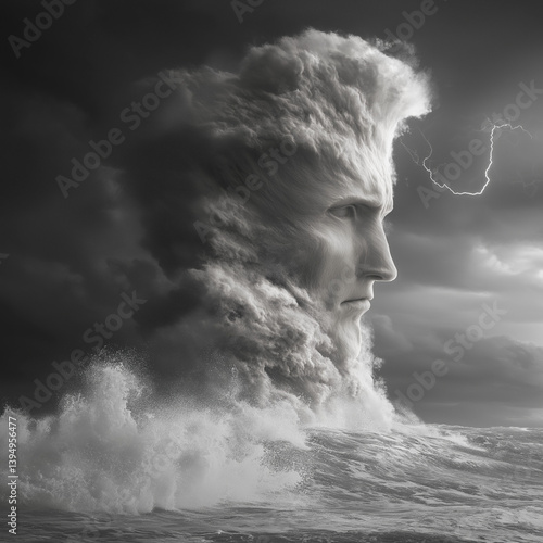A tornado over the ocean shaped like a human figure