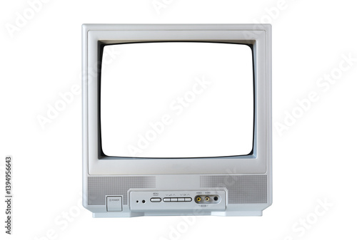 Old silver TV isolated on white background. Retro technology concept. Blank screen for text.Vintage TVs 1980s 1990s 2000s. 