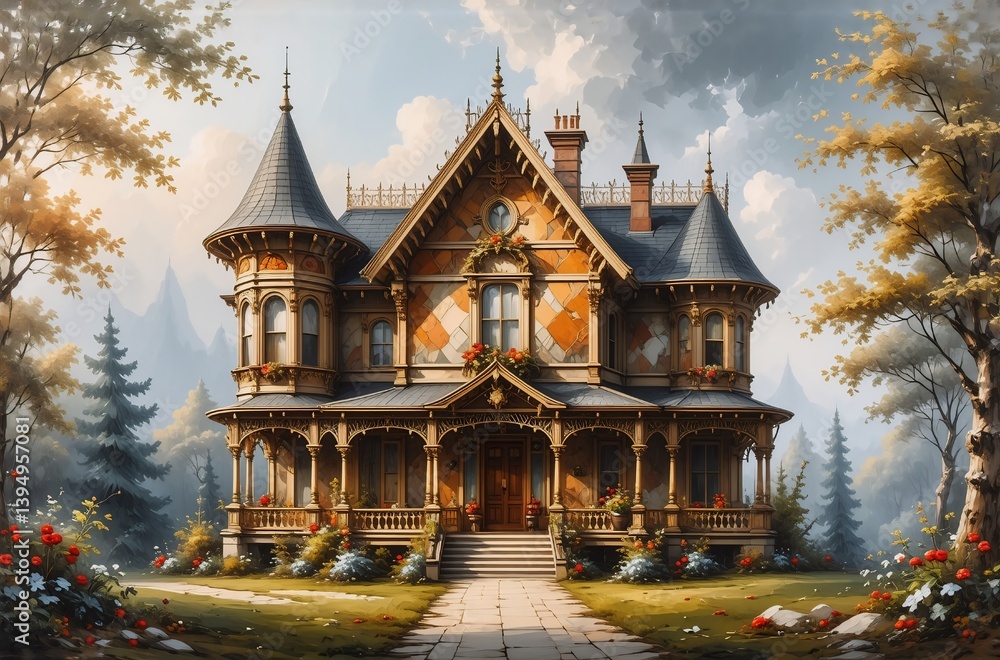 Obraz premium A majestic Victorian-style mansion, adorned with intricate detailing, sits serenely amidst a lush landscape, bathed in soft sunlight. The scene evokes a sense of peace and timeless elegance.