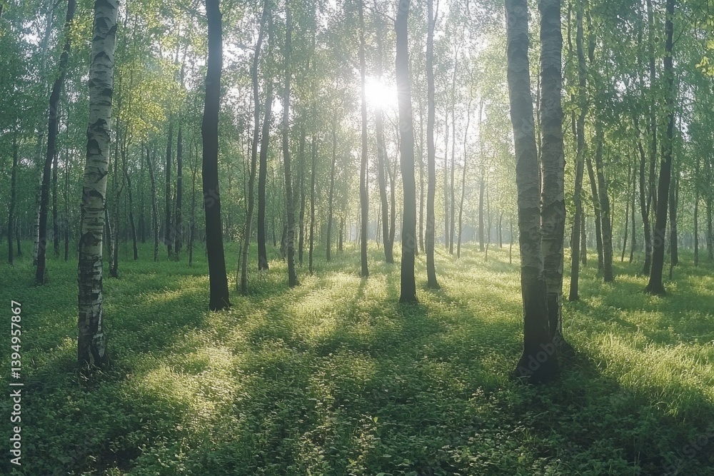 Fototapeta premium Serene Birch Forest Bathed in Sunlight Green Clover Ground Cover Tranquil Woodland Scene Natural Light Tall Trees Scenic Beauty Summer Day Nature Photography